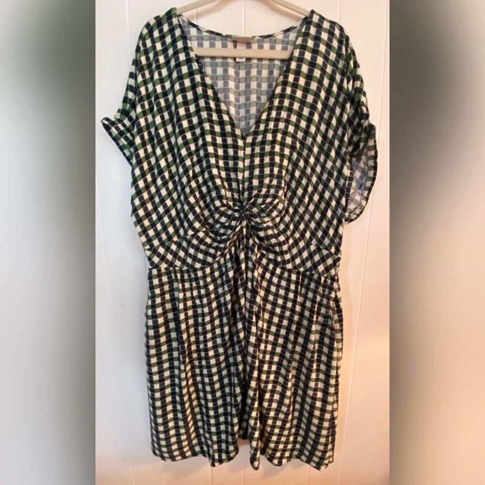 Ava & Viv Dress Women’s 3X Green White Checked Summer Relaxed V Neck